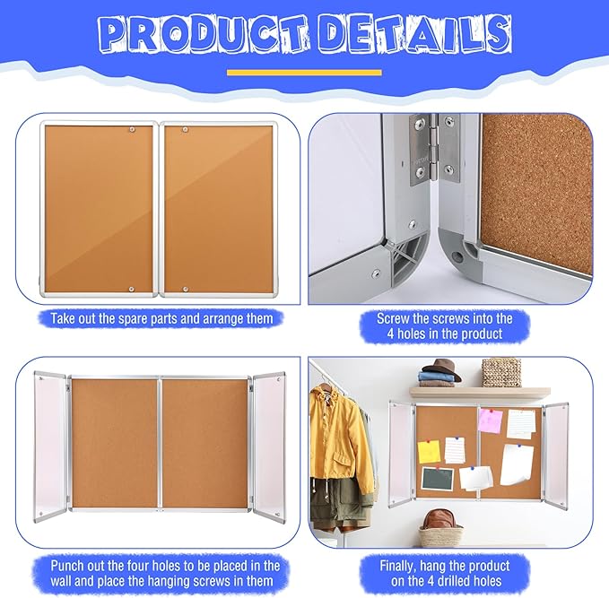 Enclosed Bulletin Board 48" x 36" Weatherproof Lockable Outdoor Cork Case Display Board Wall Mounted 2 Locking Door Aluminum Frame for Office, School, Commercial, Hospital, 12 x A4(Wood)