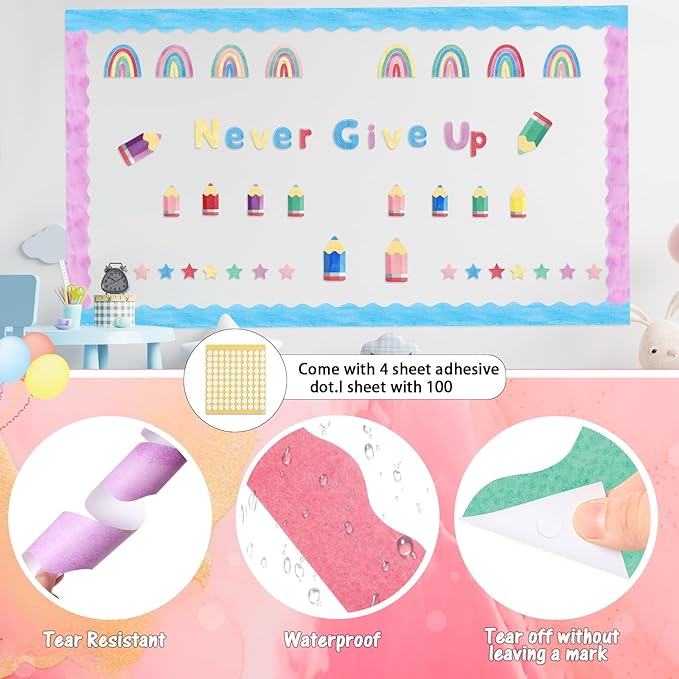 Kosiz Colorful Watercolor Bulletin Board Decoration Set 118 ft Scalloped Bulletin Board Borders Classroom Poster Border Trim with 257 Pcs Letter Number Symbol Cutout for School Decor