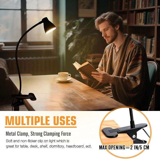 2 Pack Clip Desk Lamp, Ultra-Flexible Gooseneck Clip Reading Lights, 3000K-6500K Adjustable Color Temperature & Brightness, 6W Eye-Care LED for Office, Study, Bedside(USB Adapter Included)