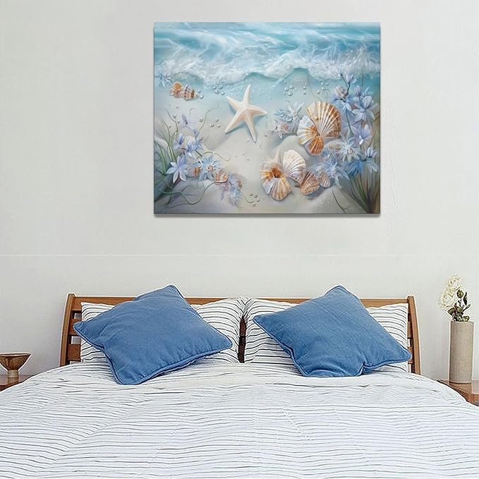 Beach Seashell Bathroom Wall Art Coastal Floral Pictures Wall Decor Flower Starfish Canvas Painting Modern Decoration Artwork for Bathroom Living Room Bedroom Office Framed 24"x20"