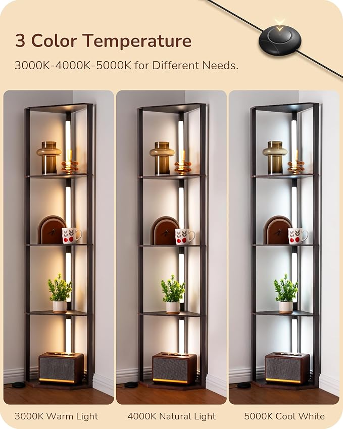 EDISHINE 64" Corner Shelf Floor Lamp for Living Room, Modern LED Corner Light with Shelves, 3CCT, Stepless Dimmable Tall Floor Light for Bedroom, Office, Dining Room, 3000K 4000K 5000K, Black Walnut