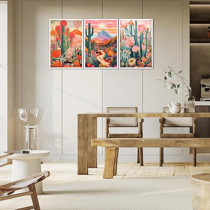 Boho Cactus Wall Art Vintage Pink Orange Plant Floral Wall decoration pictures Colorful Southwestern Rustic Painting Desert Landscape Poster Prints for Living Room Bathroom Bedroom(16x24in UNFRAMED)