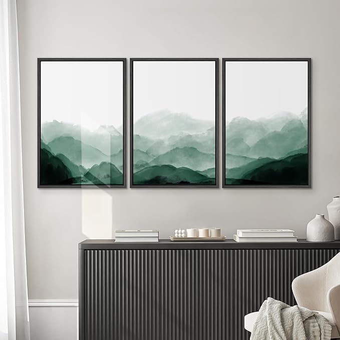 SIGNWIN Framed Canvas Print Wall Art Green Watercolor Mountains in Fog Nature Wilderness Illustrations Modern Art Rustic Scenic Relax/Calm Cool for Living Room, Bedroom, Office - 24"x36"x3 Black