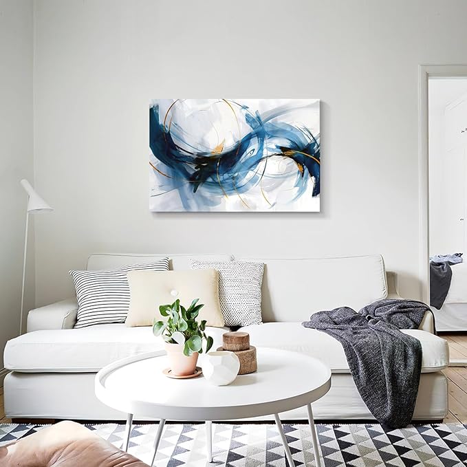 gaosoul Modern Abstract Canvas Wall Art Vibrant Blue Gold Lines Doodled on White Background Paintings Stylish Framed Minimalism Artwork Prints for Living Room Bedroom Office Decor 36x24in