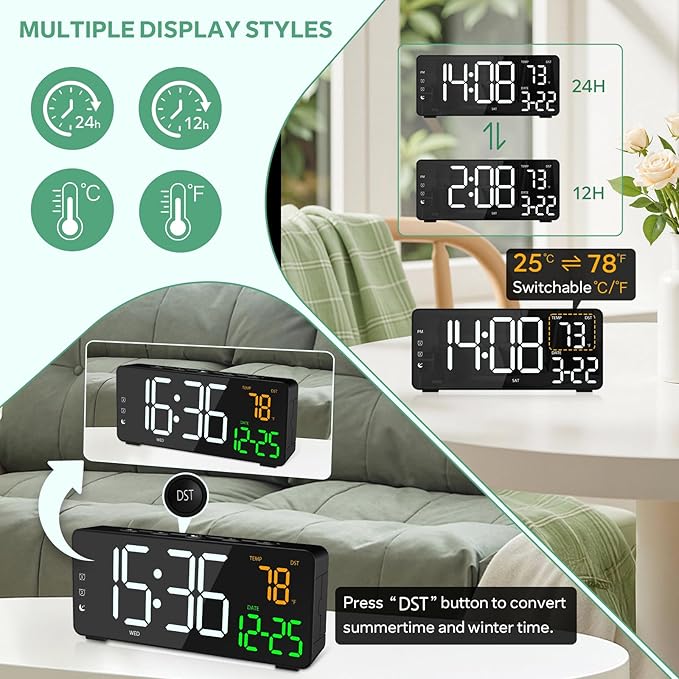 Digital Alarm Clocks for Bedrooms, RGB Desk Clock with 15 Color Display, Date Temperature and Weekday, DST, Snooze, 2 Alarms, Ambient Lighting for Living Room, Bedside Office Gaming Desk Decor