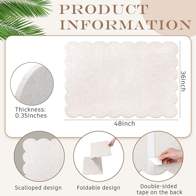 Scalloped Felt Bulletin Board 48 x 36 Inches Foldable Beige Pin Cork Board Alternative for Wall, 4' x 3' Trifold Picture Vision Self Adhesive Bulletin Decorative