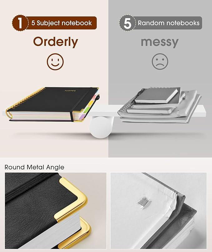 Hardcover Spiral Notebook 8.5"x11" Journal with Removable Dividers Tabs, 300 Pages Leather 5 Subject Notebook College Ruled, Large A4 Notebooks for Work School, Lined Journal for Women, A4 Black