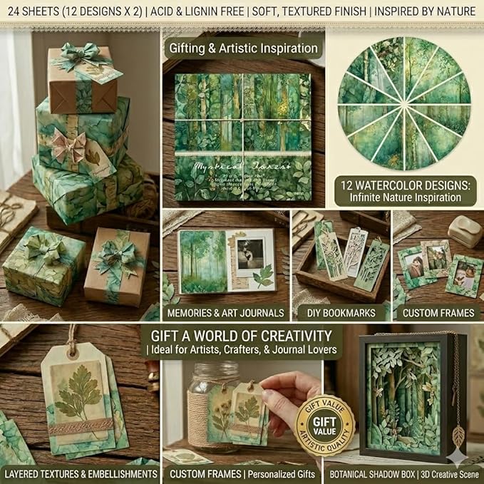 6x6 Scrapbook Paper Pad – Mystical Forest Botanical Green Designs, 24 Sheets (12 Designs x2), Single-Sided 160gsm Acid Free Cardstock for Card Making, Journaling & DIY Crafts
