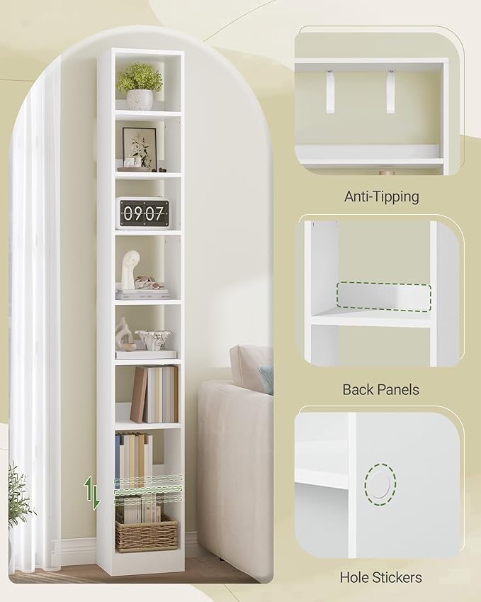 Bookcase, Tall Narrow Bookshelf, Open Display Storage Shelf, Skinny Cube Book Shelf with Adjustable Shelves, CD Rack for Living Room, Home Office 8-Tier(9.4 x 11.8 x 72 inch) White BC89603X