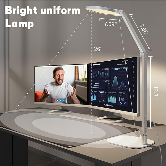 LED Desk Lamp for Home Office – Professional Eye-Caring Soft Diffused Light, Dimmable Desk Lamp with Adjustable Metal Swing Arm, Memory & Timer, Modern Anti-Glare Table Lamp