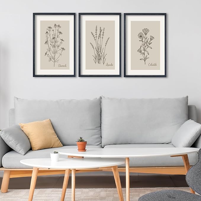 TQianJiang Set Of 3 Framed Vintage Botanical Prints Wall Art 16"×11" Wildflower Pictures Wall Decor for Bedroom Bathroom Living Room Minimalist Line Drawing Neutral Tones Wall Hanging (Black)