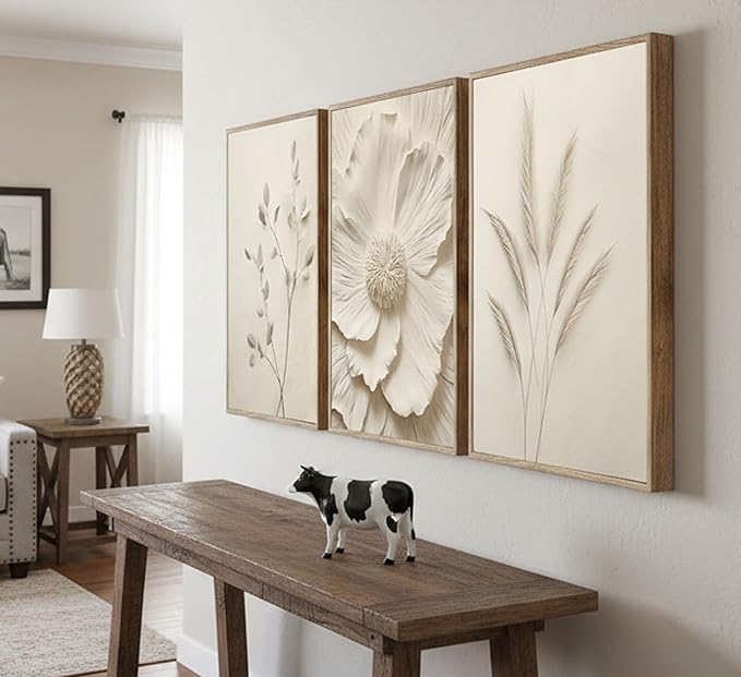 Framed 3D Textured 3Pcs Neutral Beige Floral Plant Canvas Wall art Textured Flower Botanical Painting Picture Wall Decor Vintage Blossom Poster Prints for Living Room Bedroom Bathroom Decoration