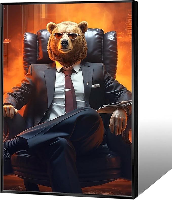 Trendy Suit Animal Bear Portrait Wall Art Funny Boss Bear Canvas Posters Work Struggle Motivation Inspiring Prints Painting For Office Living Room Wall Decor 16x24in Framed