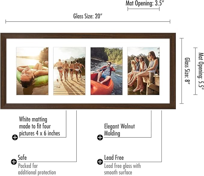 Americanflat 4x6 Collage Picture Frame with Shatter-Resistant Glass - Fits Four 4x6 Photos or Use as One 8x20 Picture Frame - Signature Collection - Collage Frames for Wall Display- Walnut