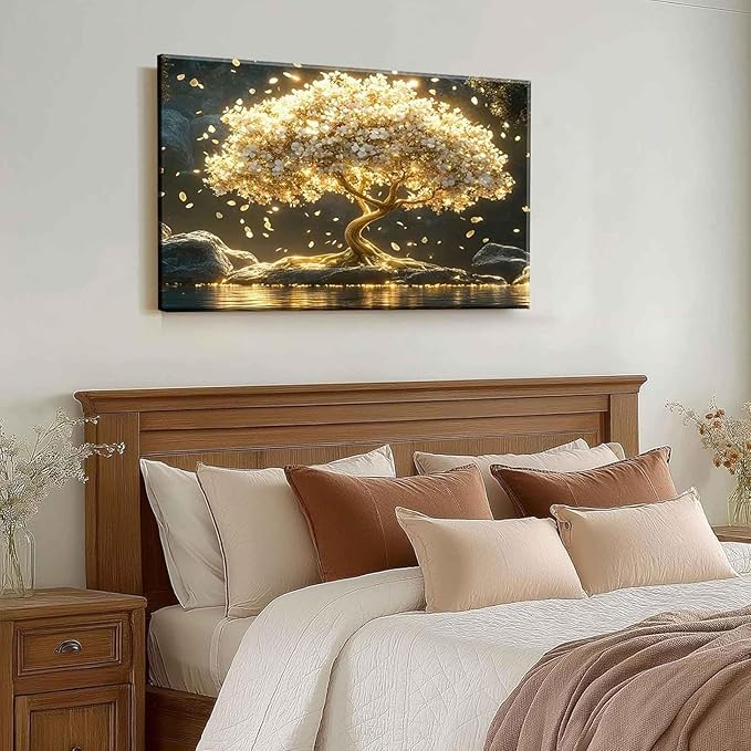 Large Tree of Life Canvas Wall Art Abstract Gold Tree Mountain Lake Decor painting Pictures Nordic Golden White Flowers Posters Prints for living room Bathroom Bedroom Office Hallway Home Decoration