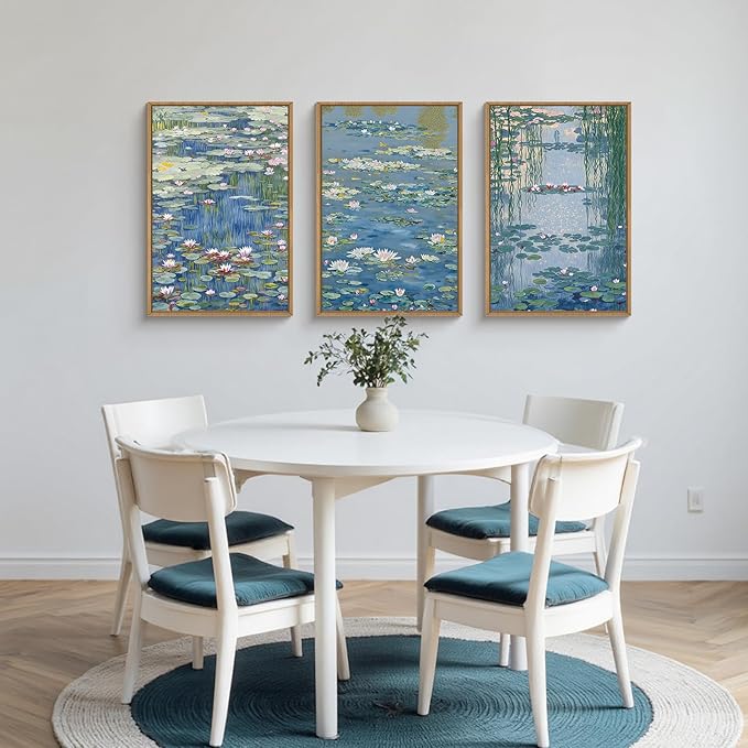 Large Nature Lilies Ponds Framed Canvas Wall Art,Impressionist Flower Wall Decor,Claude Monet Style Wall Painting,Garden Botanical Artwork for Living Room,Bedroom,Dining Room,Office -24"x36"x3