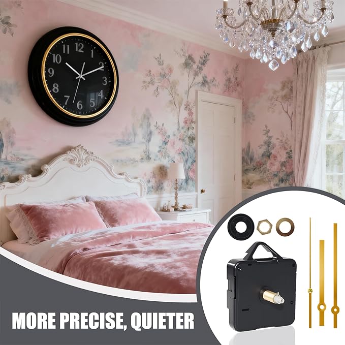 Silent Quartz Clock Mechanism Kit, High Torque Long Shaft Replacement Clock Movement for DIY Wall Clocks, Includes Clocks Hands and Quartz Movement Parts for Home and Office, Gold