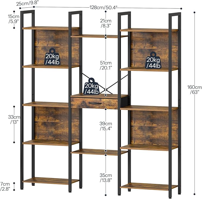 HOOBRO Triple Book Shelf, Industrial Bookshelf with Drawer, 5-Tier Bookcase with Metal Frame, Bookcase with 13 Open Display Shelves for Home Office, Living Room, Rustic Brown and Black BF160SJ01