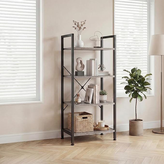DUMOS 4 Tiers Bookshelf, Classical Book Shelf, Tall Display Shelves in Living Room/Home/Office, Storage Organizer for CDs/Books/Movies, Wood Grey