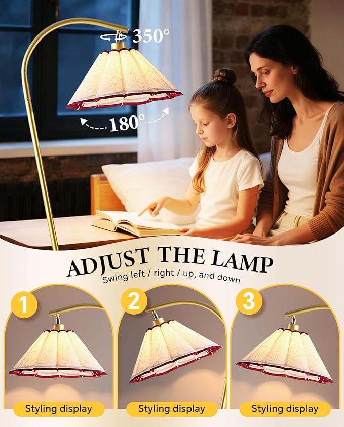 Floor Lamp with Pleated Linen Lampshade, Modern Flower Floor Lamp for Living Room Arc Standing Lamp, Gold Tall Lamp for Bedroom Office Dining Room, Bulb Included (Gold + Red, 65IN)