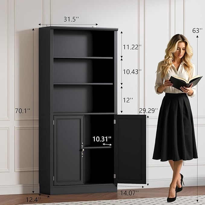 70.1" Tall Bookshelf with Cabinet, 5-Tier Floor Standing Bookcase with Doors & Adjustable Shelves, 31.5" Wide Storage Shelf, Metal Handles, Modern Organizer for Home Office, Living Room