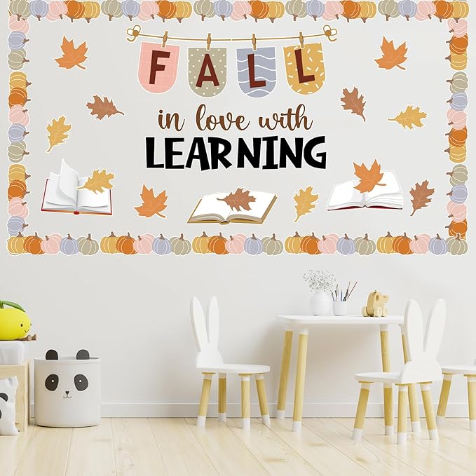 43Pcs Fall Thanksgiving Bulletin Board Decorations Set Autumn Boho Bulletin Board with Maple Leaves Pumpkin for Classroom School Home Wall Decor