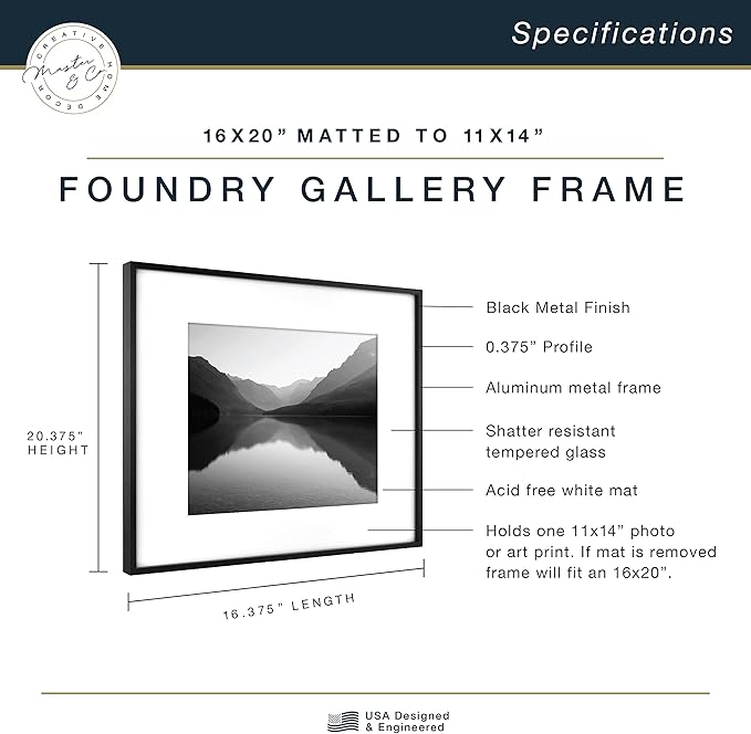 MCS Master & Co. Foundry Metal 16x20 Picture Frame, Display Pictures 11x14 With Mat or 16x20 Without Mat, Vertical & Horizontal Wall Hanging Picture Frame for Photos & Posters, Black (1-Pack)