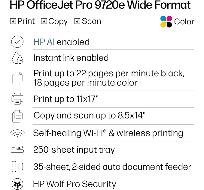 HP OfficeJet Pro 9720e Wide Format Wireless All-in-One Color Inkjet Printer, Print, scan, Copy, ADF, Duplex Printing Best for Office, 3 Month Instant Ink Trial Included, AI-Enabled (53N95A)
