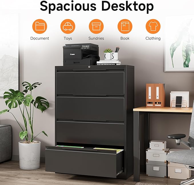 Coolsun Metal File Cabinet with Lock, 4 Drawer File Cabinet for Home Office, Lockable Lateral Filing Cabinet for A4/F4/Lagel/Letter Assembly Required (Black, 4 Drawer Lateral)
