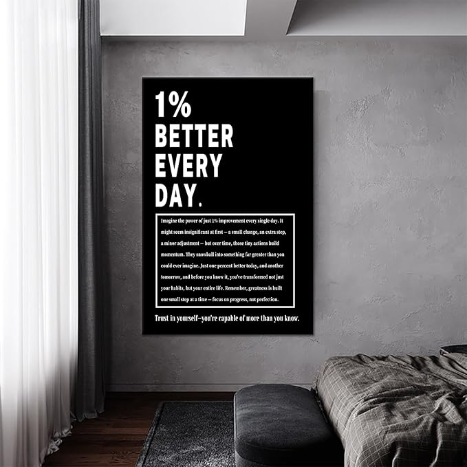 Large Motivational Wall Art 1% Better Every Day Framed Canvas Print Inspirational Decor for Office Conference Room Gym Large Growth Mindset Poster Entrepreneur Success Wall Art Decor [24''Wx36''H]