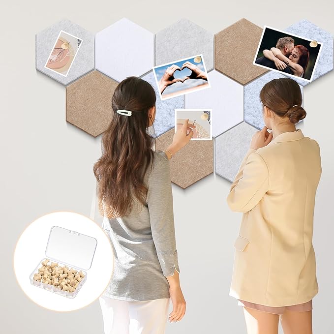 16 Pcs Hexagon Cork Board for Walls with 50 Wooden Push Pins 6.7 x 5.9 in Felt DIY Tiles Notice with Nano Tape Hanging Bulletin Board for Home Photo Office Memo Note(Light Camel)