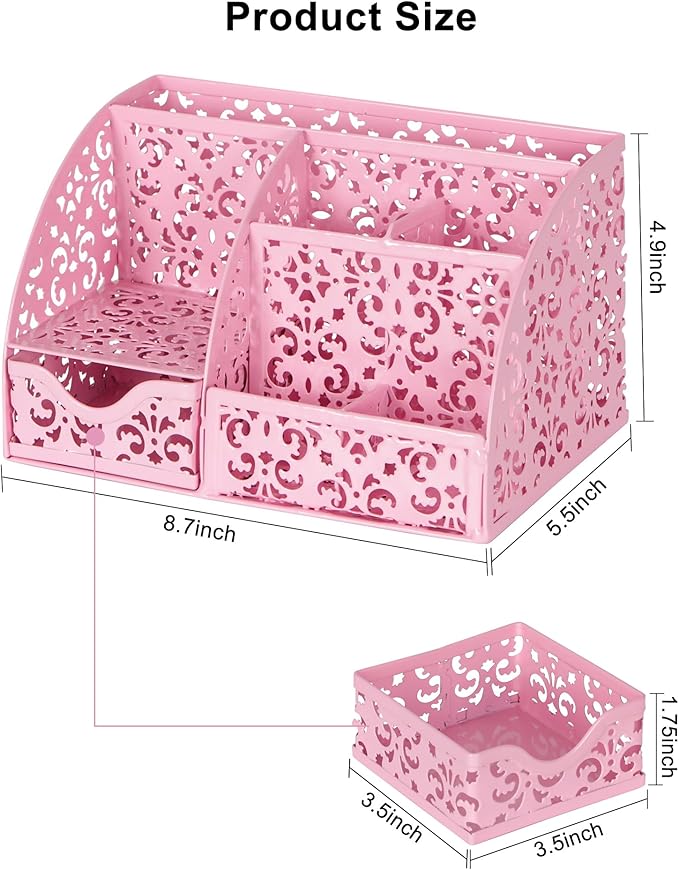 EasyPAG Desk Organizer and Pen Holder for Desk, Mesh Office Supplies Storage Caddy with Drawer for Small Space, Desktop Organizer for Home Office, Pink