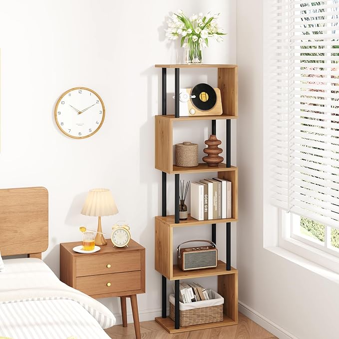 IBUYKE 6-Tier Tall Bookshelf,S-Shaped Geometric Bookcase, Wood Display Shelves with Storage,Modern Bookshelf for Living Room Bedroom, Home Office,Oak WBC016K