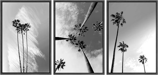 SIGNWIN 3 Piece Framed Canvas Wall Art Black and White Palm Tree Canvas Prints Home Artwork Decoration for Living Room,Bedroom - 16"x24"x3 Panels