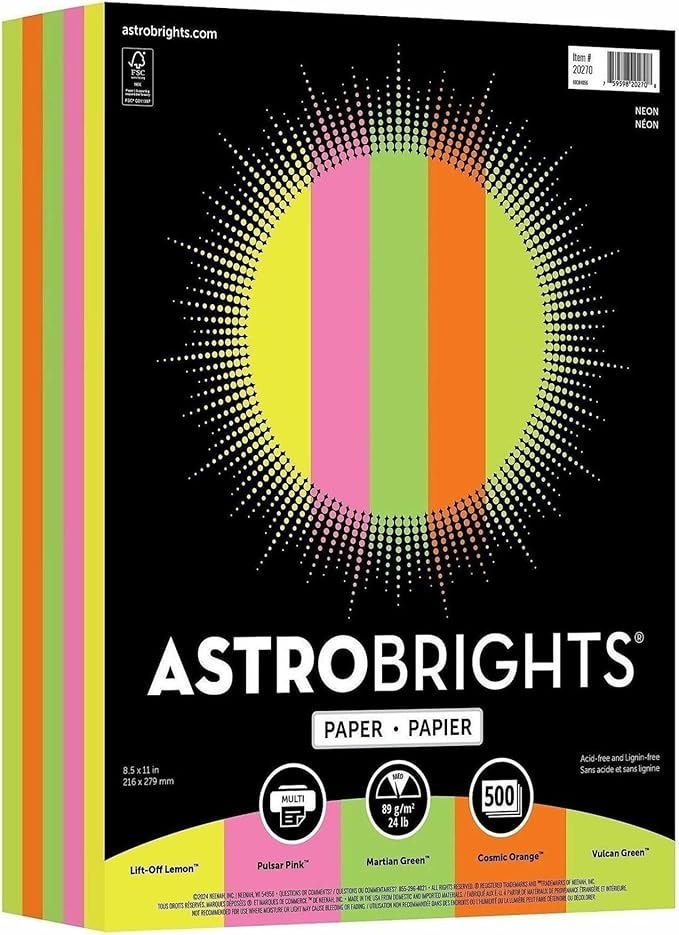 Bright Color Paper, Neenah Astrobrights®, Letter Paper Size, 24 Lb, Assorted Colors, Ream of 500 Sheets