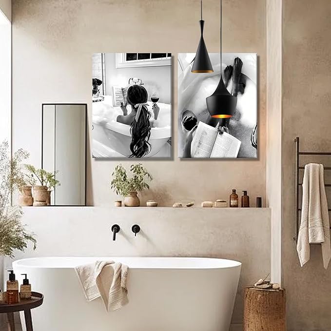 Framed 2pcs Black and White Trendy Bathroom Wall Art Girl in Bathtub Poster Aesthetic Picture Canvas Prints for Fashion Girl Bathroom Décor Minimalist Painting 16x24Inch