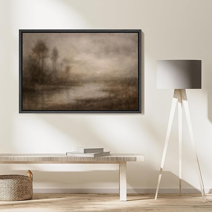 SIGNFORD Framed Canvas Print Wall Art Moody Misty Landscape with Trees and Water Abstract Illustrations Digital Art Modern Art Decorative Multicolor Rustic Minimal for Bedroom - 24"x36" BLACK