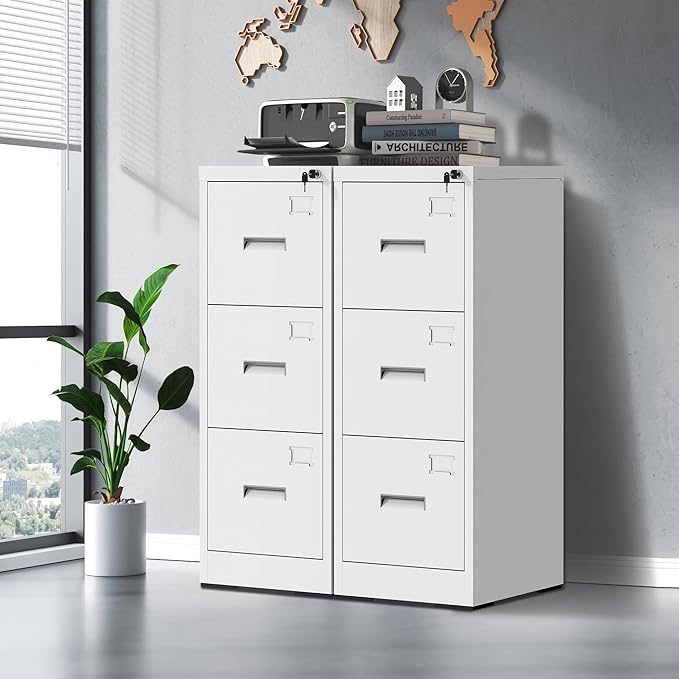 3 Drawer File Cabinet with Lock and Card Slot, Vertical Steel Filing Cabinets for Home Office, Small Metal File Cabinets for Hanging Legal Letter Size Files, Assembly Required(White)