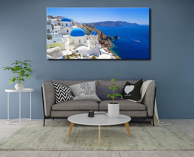 Large Canvas Print Wall Art Santorini in Greece Painting Wall Decor, Blue Coastal Landscape Artwork Seascape Pictures for Living Room, Bedroom, Office Decoration - 20"x40"