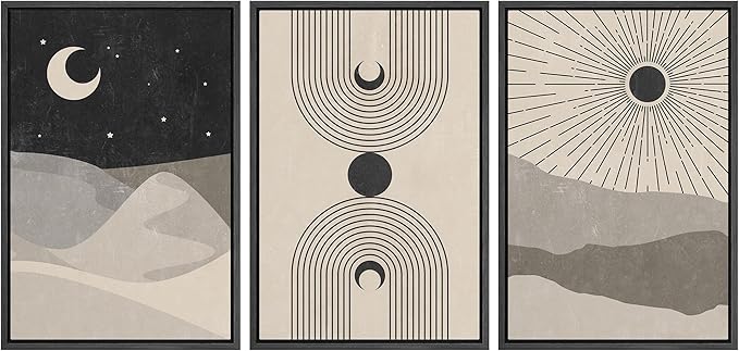 IDEA4WALL Framed Canvas Print Wall Art Set Crescent Moon Shining Sun Tropical Desert Astronomy & Space Nature Illustrations Modern Art Rustic for Living Room, Bedroom, Office - 16"x24"x3 Black