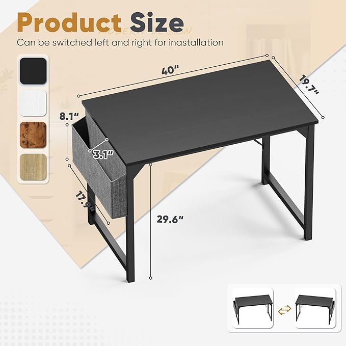 Shahoo Computer Desk, 40 Inch Office Writing Work Table, with Storage Bag and Hook, for Home, Study, Black