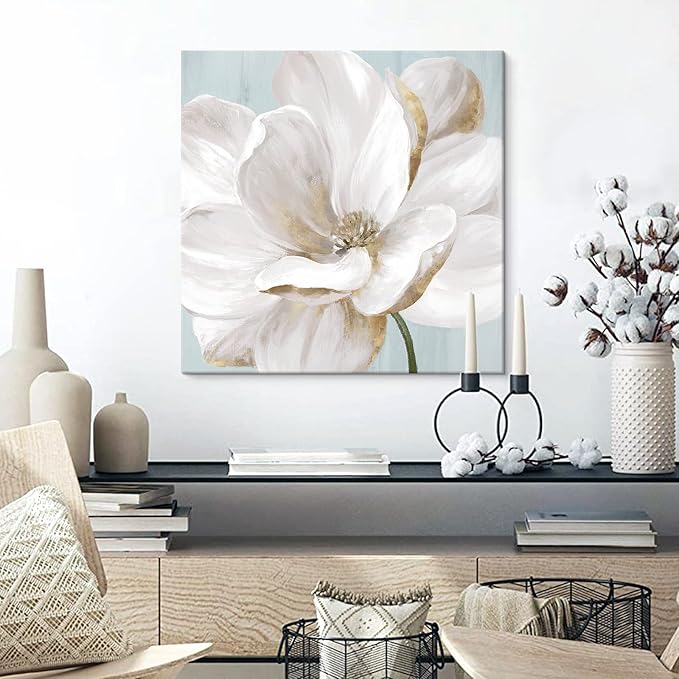SEVEN WALL ARTS White Magnolia Wall Art Flower Artwork Floral Canvas Painting Vintage Nature Botanical Painting Modern Farmhouse Wall Decor for Bedroom Living Room Bathroom Office 24"x24"
