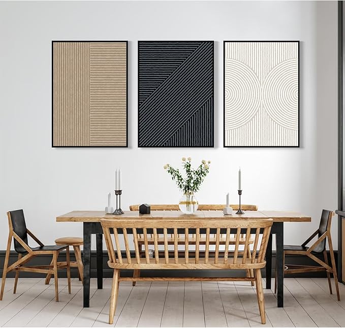 Modern Abstract Pictures Wall Art Boho Neutral Canvas Wall Art Minimalist Line Wall Decor Beige Black Brown Artwork Abstract Modern Painting Prints for Living Room Bedroom 16x24 Inch Framed Set of 3