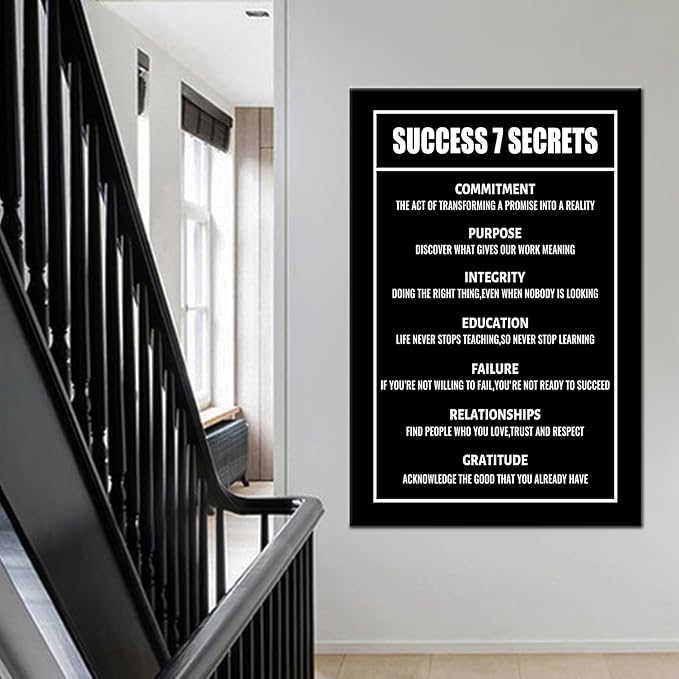 Motivational Canvas Wall Art Success 7 Secrets Inspirational Poster Canvas Painting Prints Positive Wall Pictures for Living Room Home Decoration Artwork Stretched and Framed [24''Wx36''H]