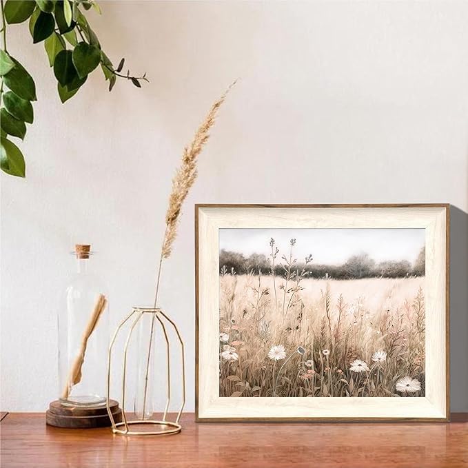 ASTRDECOR Framed Nature Wall Art Prints, Vintage Wildflower Field Landscape Canvas Wall Art Bedroom, Autumn Oil Painting Botanical Artwork, Plant Pictures Farmhouse Wall Decor Living Room - 10''x12''