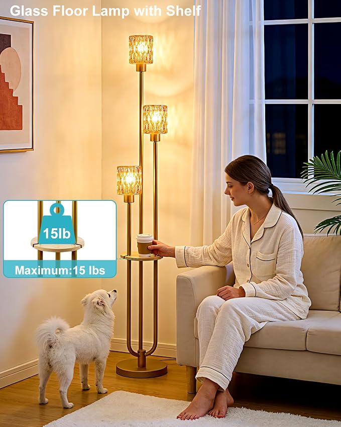 3-Light Modern Glass Floor Lamp with Shelf, Gold Tall Standing Lamp with Amber Flower Glass Shade, Industrial LED Floor Lamp with Foot Switch for Living Room Bedroom Home Decor, Bulb Included