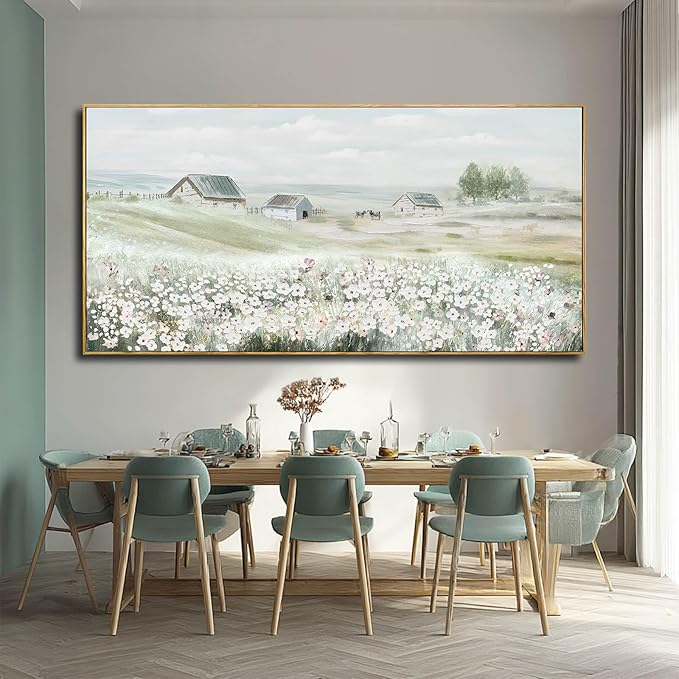 Modern Farmhouse Wall Art White Floral Wall Decor Green Print Pictures Framed Arts Extra Large Artwork 36"x70"