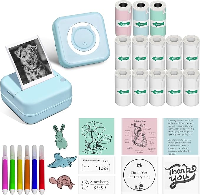 Aptika Label Maker - Mini Portable Sticker Printer with 14 Rolls Self-Adhesive Thermal Papers, Labeller Machine for Home Office Study Business Texts Journal, Blue