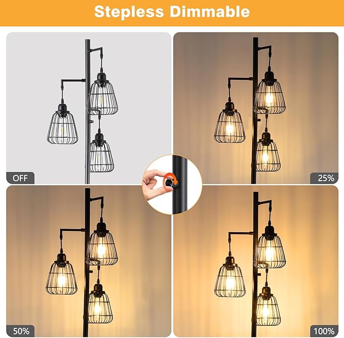 Black Dimmable 70'' Floor Lamp for Living Room Farmhouse 3-Light Tall Lamp with Bird Caged Lampshade Bedroom Floor Tree Standing Lamp (3xLED Bulb Included) - 315603BK