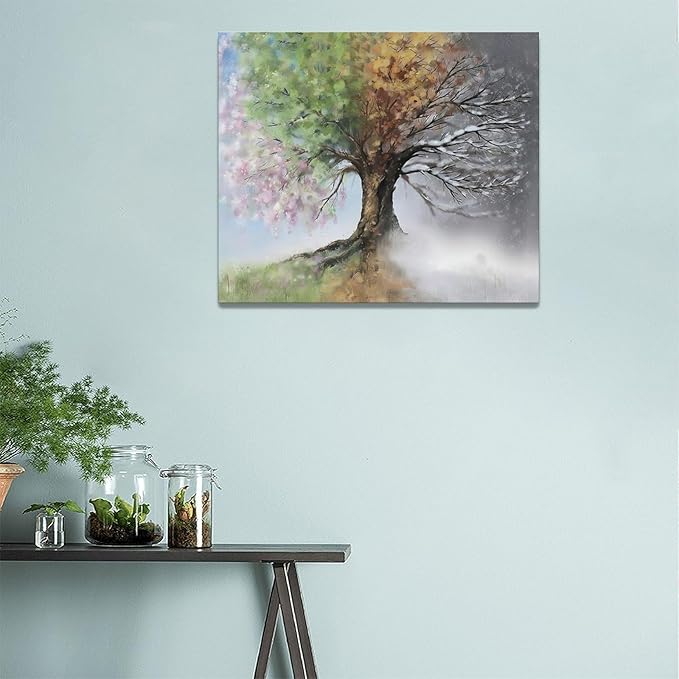 Tree of Life Wall Art Four Season Trees Pictures Decor Rustic Nature Canvas Country Painting Modern Artwork Home Decorations for Bathroom Living Room Bedroom Office Framed 24"x20"